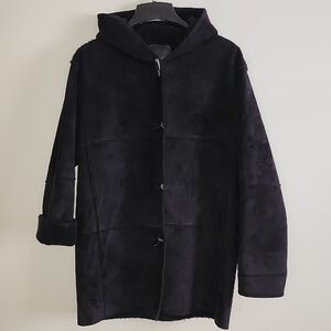 Lauren Ralph Lauren Faux Leather Black Hooded Coat Toggle Closures Sherpa Lined